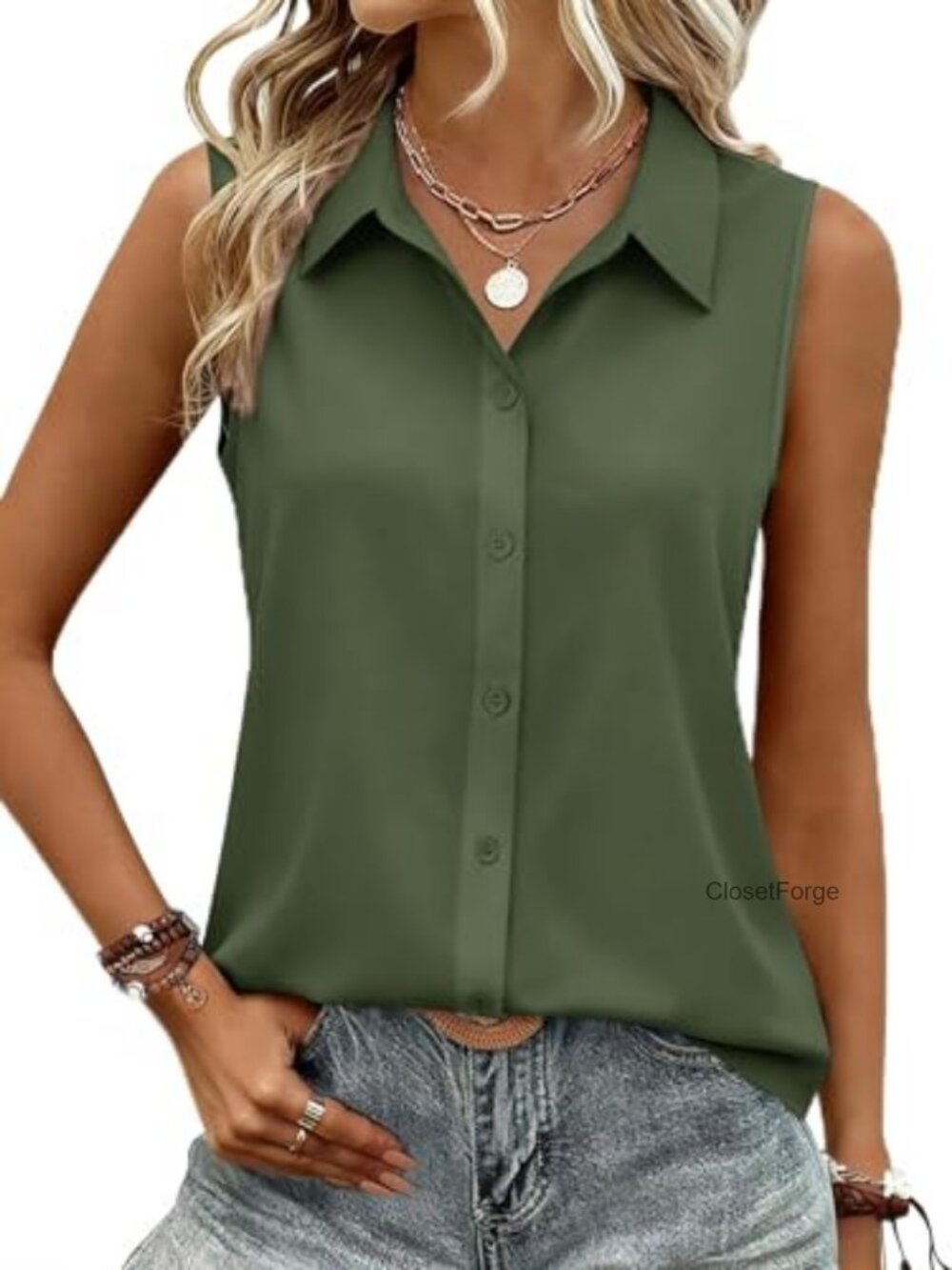 Sleeveless Button Down Tank Top for Women Summer V-Neck Blouse